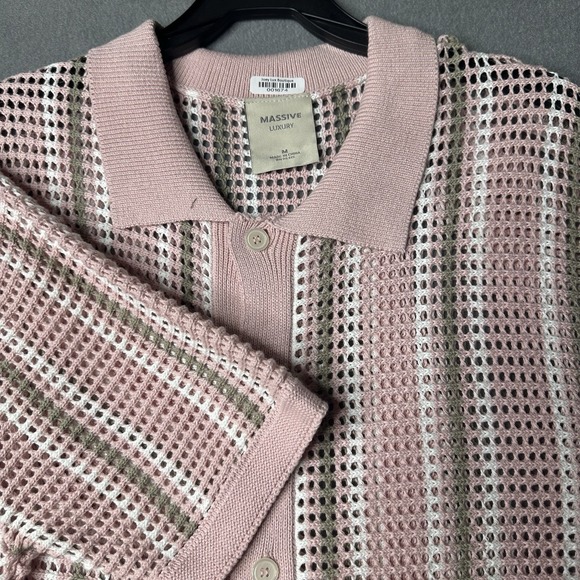 Massive Luxury Crochet Knit Shirt Pink White‎ Brown 7 Button Closure Medium NWT - Picture 1 of 7